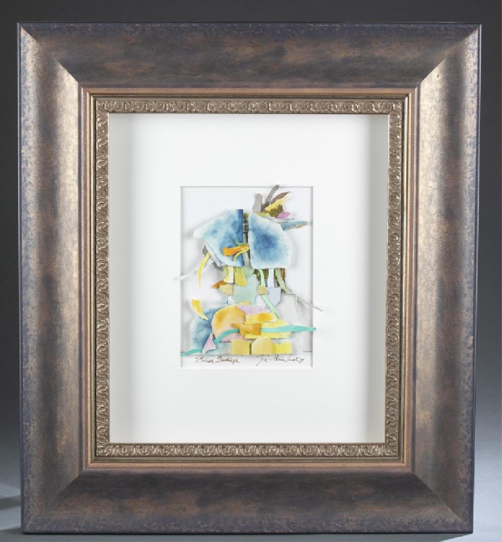 Jose-Maria Cundin, Malisa Bestiaga, 1999.: Cundin, Jose-Maria (Spanish, b.1938) "Malisa Bestiaga." 1999. Watercolor collage. Signed and dated along bottom. Sight: 7" x 5". Frame: 21" x 19".Provenance: From the collection of Stella Walters.