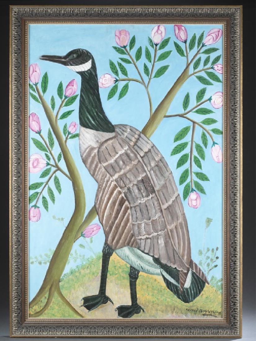 Pierre-Joseph Valcin, Bird, O/B, 20th century.: Valcin, Pierre-Joseph (Haitian, 1925-2000). Untitled. 20th century. Bird. Oil on Board. Signed l.r. Sight: 36" x 24". Frame: 40" x 28".Provenance: From the collection of Stella Walters. Purchased from