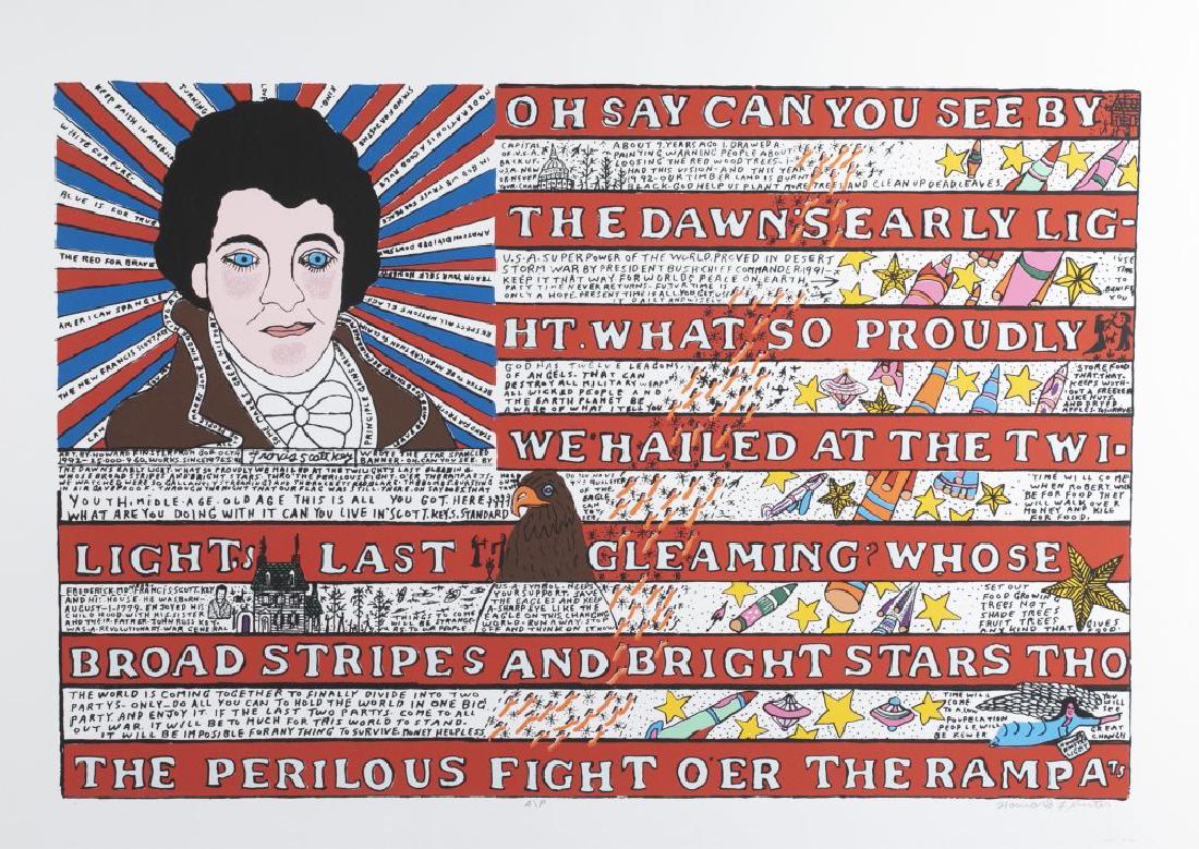 Howard Finster, Oh Say Can You See, 1992.: Finster, Howard (American, 1916-2001). "Oh Say Can You See." 1992. Lithograph. Artist's Proof. Signed in pencil, l.r., editioned center. Image: 21 1/4" x 32" Sheet: 27 1/2" x 38 1/2"