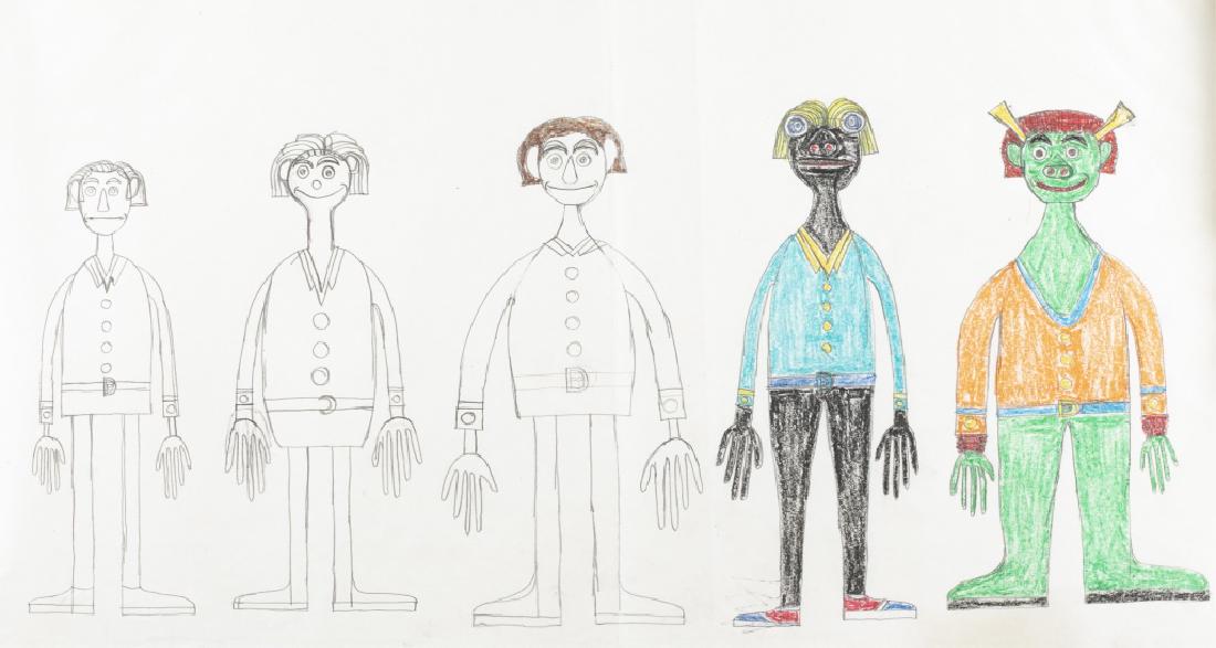 Sammy Landers, Five Figures, mixed media.: Landers, Sammy. (American, b.1957). "Five Figures, One Green, One Blue Shirt." 20th/21st century. Crayon and pencil on paper. Unsigned. Unframed. 18" x 32 1/4".