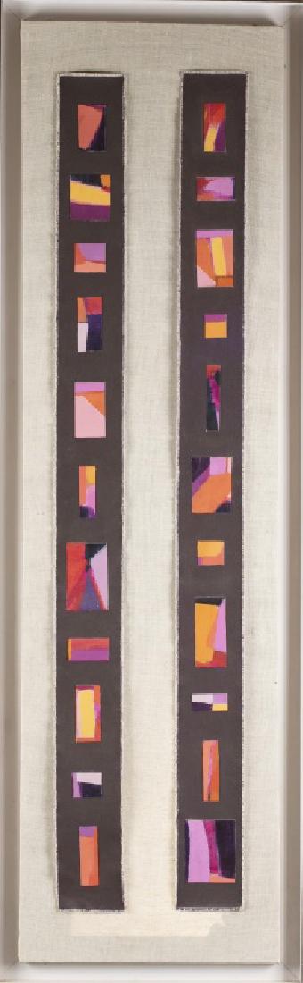 M.B. Darr, #6, mixed media, 20th century.: Darr, M.B. "#6." 20th century. Mixed media on linen. Two vertical strips of purple fabric, covered in painted polychrome geometric shapes. Signed and titled on verso. Sight: 49 1/2" x 13 1/2". Frame: