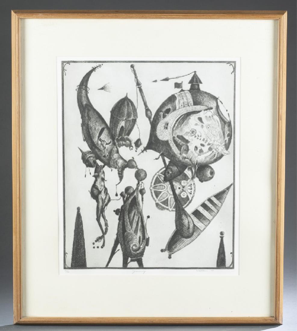 Valton Tyler, Journey, etching, 1970.: Tyler, Valton (American, b.1944). "Journey." 1970. Edition 11/50. Etching. Titled l.m. Signed and dated l.r. Sight: 17 1/4" x 14 1/4". Frame: 24" x 21 1/2".