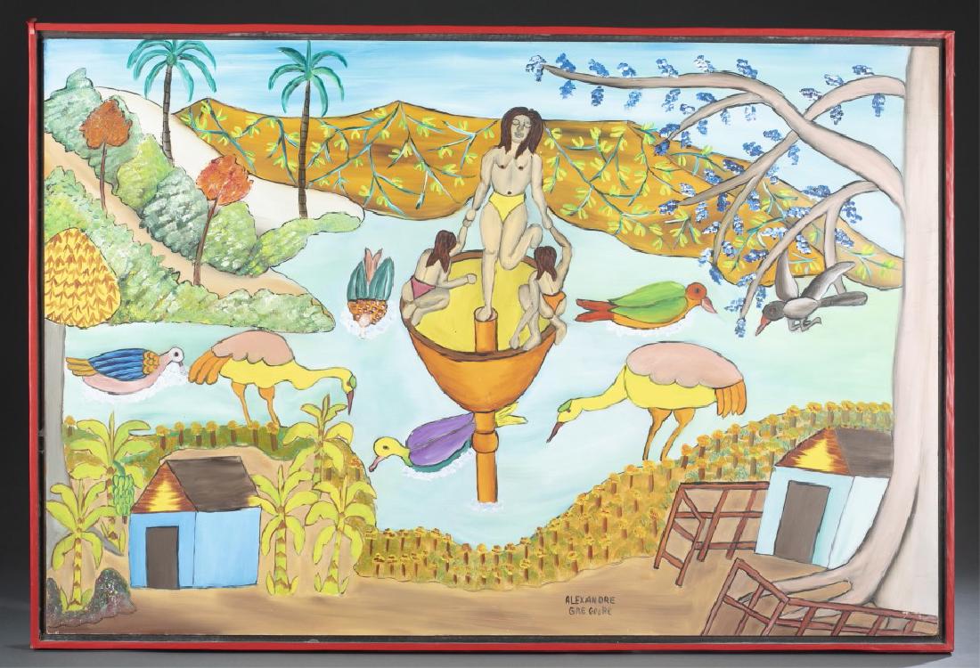 Alexandre Gregoire, Voodoo Queen Rising, O/B.: Gregoire, Alexandre (Haitian, 1922-2001). "Voodoo Queen Rising from a Fountain." 20th century. Oil on Board. Signed l.r. Sight: 24" x 36". Frame: 25 1/4" x 34 1/4".Provenance: From the collection of S