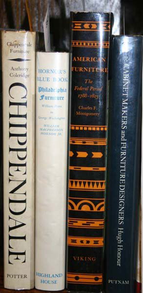 4 books on furniture: [Furniture]. 4 Titles. Hardcover in dj. Very good or better. Mostly 8vo. ++ Anthony Coleridge. Chippendale Furniture Circa 1745-1765: The Work of Thomas Chippendale and his Contemporaries in the Rococ