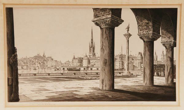 John Taylor Arms Stockholm. Etching signed: Arms, John Taylor (Am. 1887-1953). Stockholm. 1940. Etching and aquatint, on watermarked laid paper. 9 1/8 x 13 5/8 in. Pencil signed, titled, and annotated: ''To my friends Phyllis & Kerr Eby [fellow