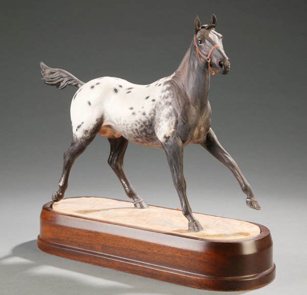 Royal Worcester Appaloosa Stallion: Royal Worcester Appaloosa Stallion. c.1969. Modelled by Doris Lindner. Limited edition. Marked on bottom. With stand: 10''h x 11''l.