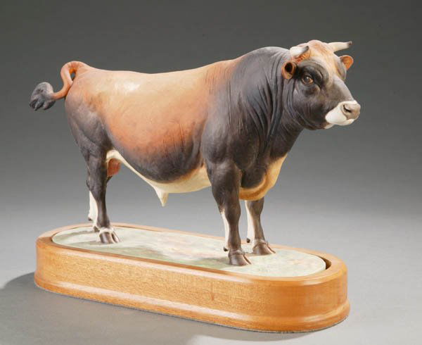 Royal Worcester. Bulldog figure.: Royal Worcester Jersey Bull. c.1965. Modeled by Doris Lindner. Number 99 out of a limited edition of 500. Marked on bottom. With stand: 10''h x 11''l. Xerox of certificate from the Worcester Royal Por