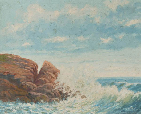 Paskell (T. Bailey). Oil painting. Coastal.: Paskell, William Frederick (Am. 1866-1951). Coastal scene. c.1925. Oil on canvas. Framed. Signed ''T. Bailey'' at l.r. 16 x 20 in.