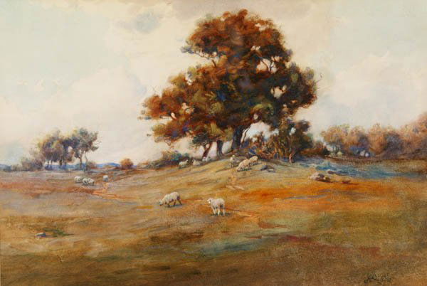 John Wesley Little. Watercolor. Landscape.: Little, John Wesley (Am. 1867-1923). Landscape with grazing sheep. Watercolor on paper. Late 19th, early 20th century. Framed, matted, under glass. Signed at l.r. 12 1/2 x 18 1/2 in.