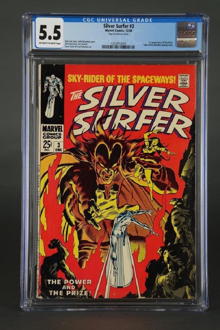 The Silver Surfer #3 (Marvel, 1968) CGC F- 5.5: The Silver Surfer #3 (Marvel, 1968) CGC F- 5.5. Off-white to white pages. First appearance of Mephisto. Contains a "Tales of the Watcher" backup story. John Buscema cover and art. Gene Colan art. Tape