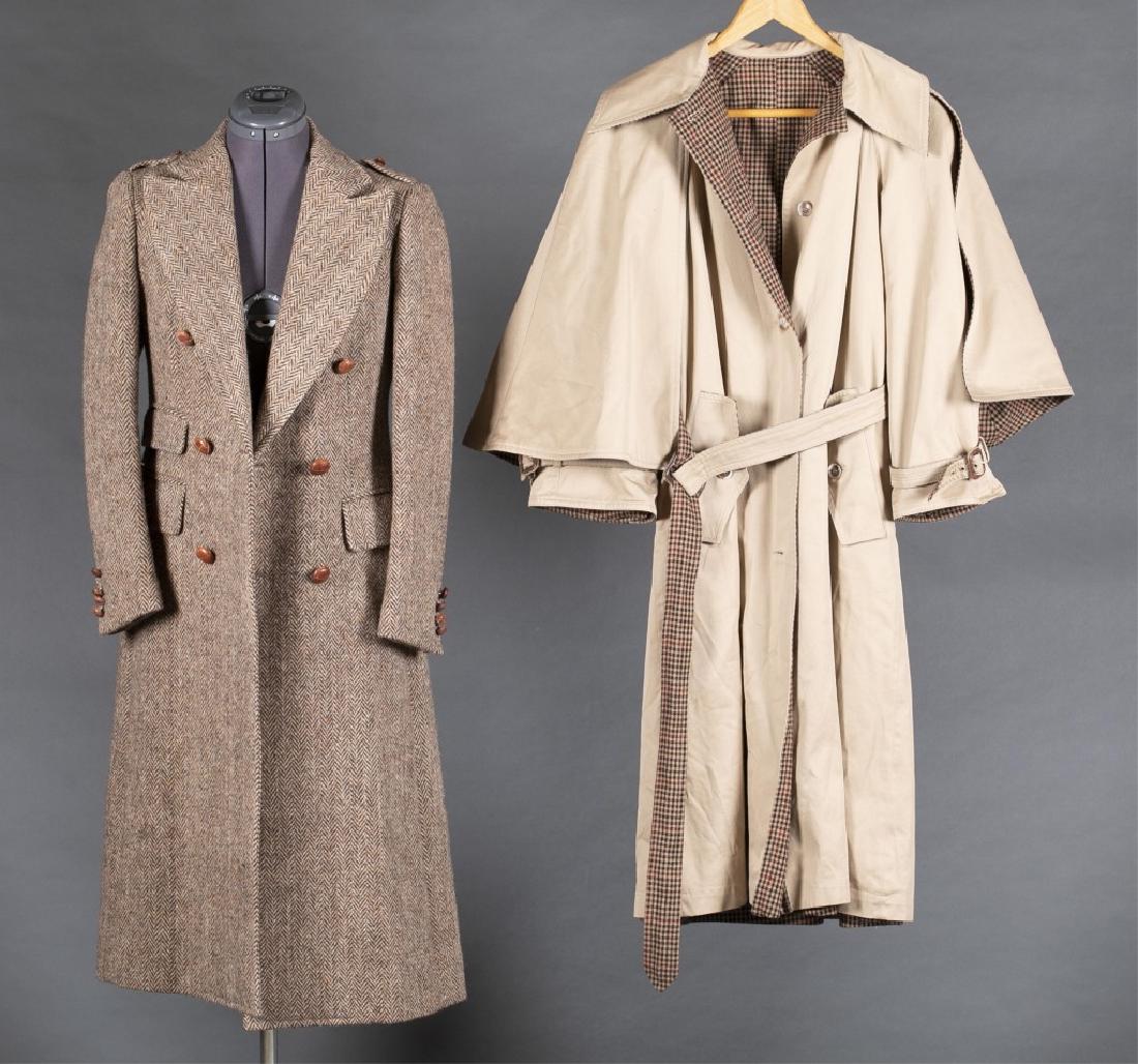 2 T. Jones & Christian Dior, Coats.: A group of two T. Jones and Christian Dior Coats ++ T. Jones trench coat. 1960s-70s. Tan and brown color with herringbone pattern. Wool blend with silk lining. Label "T.Jones." Approximate measurement
