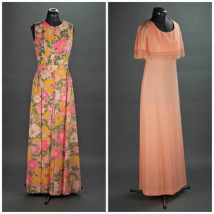 2 Lee Stevens, Dress & Gown.: A group of two Lee Stevens Dress and Gown. ++ Lee Stevens Pink Floral Dress. Label "Lee Stevens of Miami." Size: 10. Approximate measurements B: 31" x W: 27" x L: 56." ++ Lee Stevens Peach Evening Gow