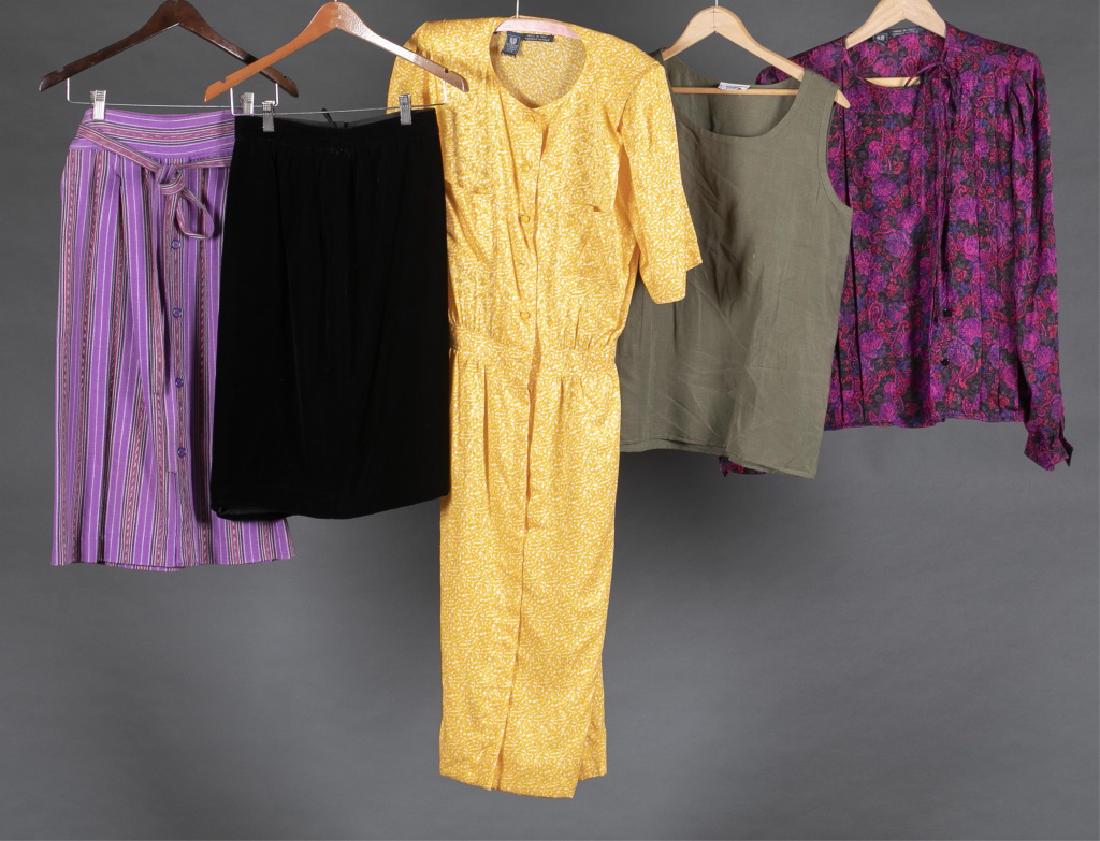 5 Saint Laurent, Ungaro, & YSL, Pieces.: A group of five Saint Laurent Skirt, Ungaro Skirt & Dress, and Yves Saint Laurent Shirt. ++ Saint Laurent purple cotton, striped and buttoned, skirt. Includes tie belt. Label "Saint Laurent Made in Fr