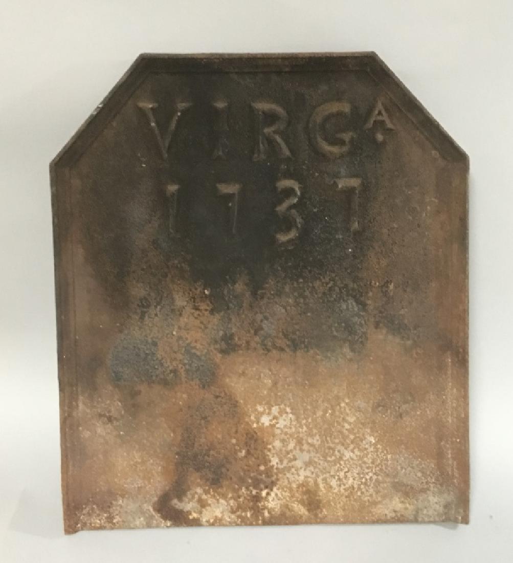 Williamsburg Virginia Metalcrafters Iron Fire Back: Williamsburg Virginia Metalcrafters Cast Iron Fire Back, Marked "VIRGa 1737." Serial CW21-5