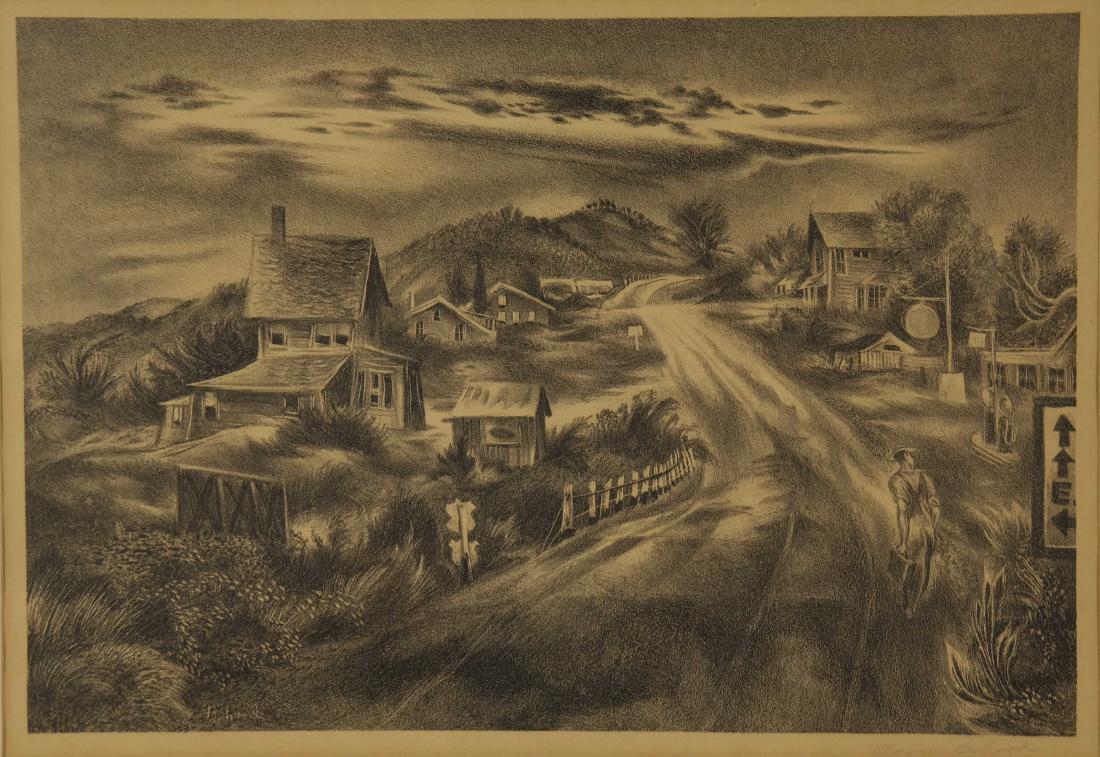 Aaron Bohrod. Pennsylvania Highway. 1942.: Bohrod, Aaron (American, 1907-1992) "Pennsylvania Highway" or "Village Scene." 1942. Lithograph. Signed in pencil, l.r. Published by Associated American Artists, labeled on verso. Image: 9 1/4 x 13 1/