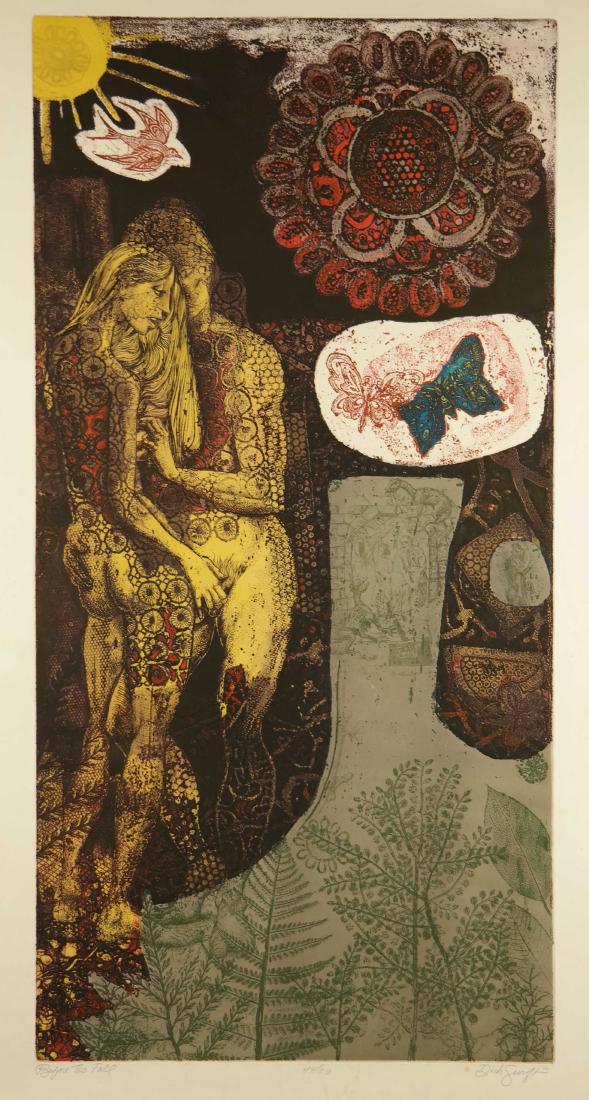 Dick Swift. Before the Fall. 1972.: Swift, Richard [Dick] (American, 1918-2010). "Before the Fall." 1972. Color intaglio print. Edition 44 of 50. Signed and dated in pencil, l.r., editioned, l.c., titled, l.l. Image: 35 1/2" x 18" Sheet