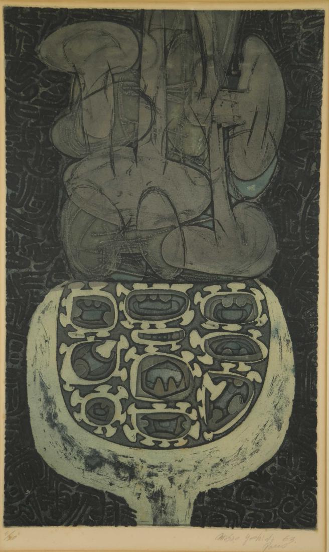 Masao Yoshida. Abstract Composition. 1963.: Yoshida, Masao (Japanese, 1911-1995). Abstract Composition. Paris, 1963. Intaglio etching and aquatint. Edition 8 of 30. Signed and dated in pencil, l.r., editioned, l.l. Framed: 28 3/4" x 19 3/4"_x00