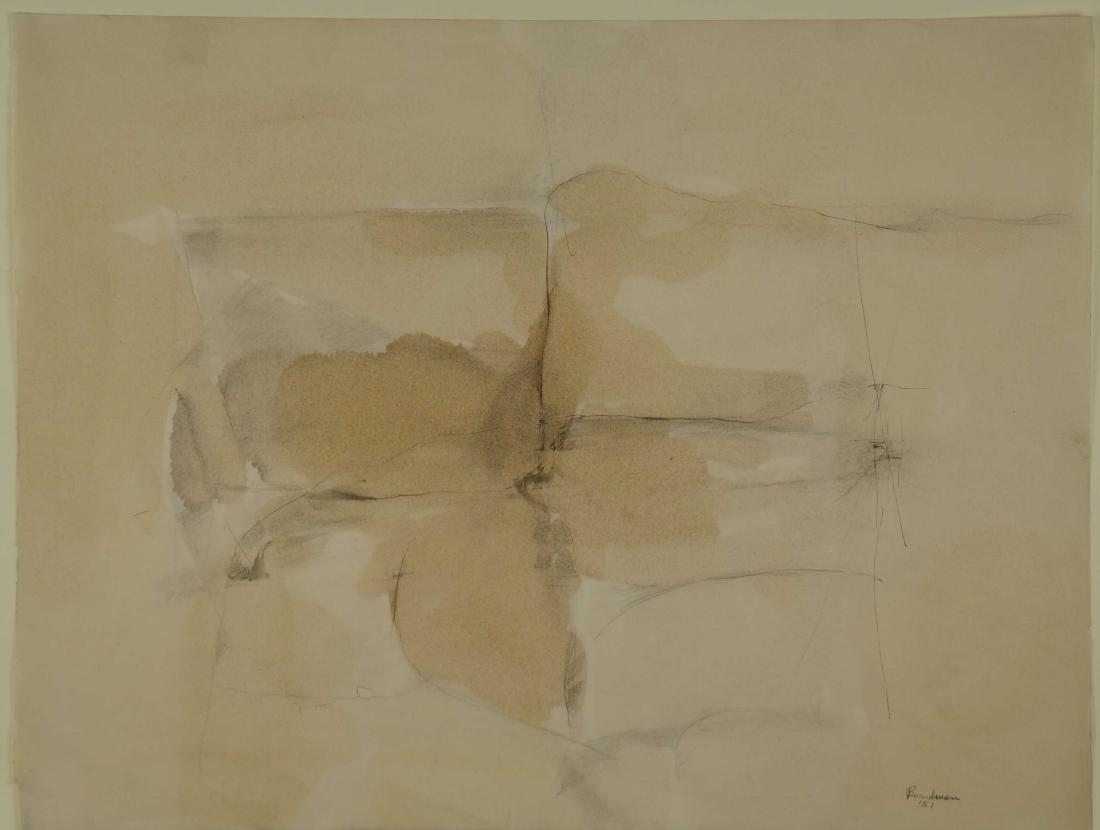 Seymour Boardman. Untitled. Watercolor. 1957.: Boardman, Seymour (American, 1921-2005). Untitled. Abstract. 1957. Watercolor. Signed and dated in ink, l.r. Sheet: 19" x 24 7/8"_x000D_ Condition: Light toning. Very good condition.