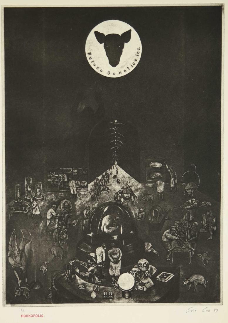 Sue Coe. 2 prints. Porkopolis & Voltaire. 1989-90.: Coe, Sue (American, b.1951). Pair of etchings with aquatint on Rives paper. ++ "Porkopolis." 1989. Edition 35. Signed and dated in pencil, l.r. Stamped title in red ink, l.l. Editioned in pencil, l.l.