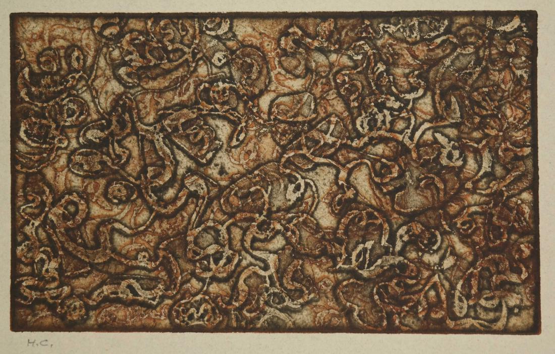 Mark Tobey. Thanksgiving Leaf. H/C. 1971.: Tobey, Mark (American, 1890-1976). "Thanksgiving Leaf." 1971. Aquatint in colors. Hors de Commerce. Unsigned. Editioned in pencil '"H/C," l.l. Blindstamp "Edition de Beauclair," l.r. Sheet: 20 1/4" x