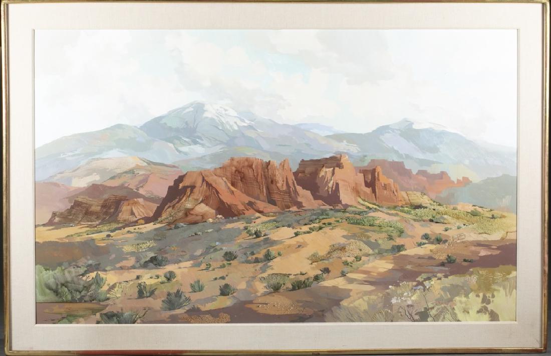 Laurence Philip Sisson, Large Mountain landscape.: Sisson, Laurence Phillip (American, 1928-2015). A South Western US landscape with red rocks in front of white capped mountains. Acrylic on masonite board. 45" x 72".