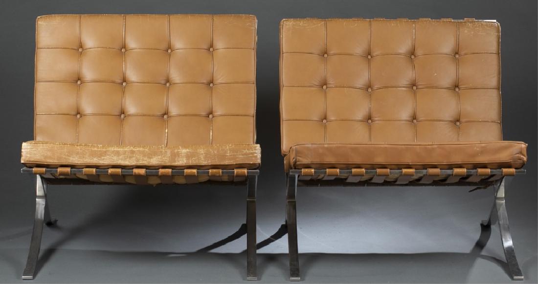 4 Mies Van Der Rohe Barcelona chairs by Knoll.: A group of four Mies Van Der Rohe Barcelona chairs by Knoll in tan leather. Mid 20th century. Label on bottom. 29" x 29" x 29"._x000D_ Condition: One chair has straps torn off frame