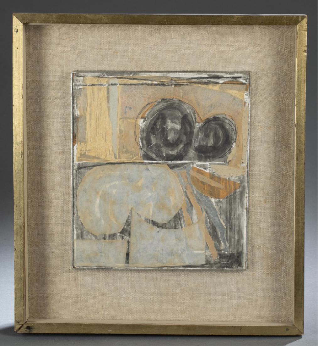 Clinton Hill, India-Collage, 1957, Mixed Media.: Hill, Clinton (American, 1922-2003). "India Collage." 1957. Mixed media collage on plasterboard. Signed and dated l.r. 15 1/2" x 14". Frame: 16" x 14 1/2".