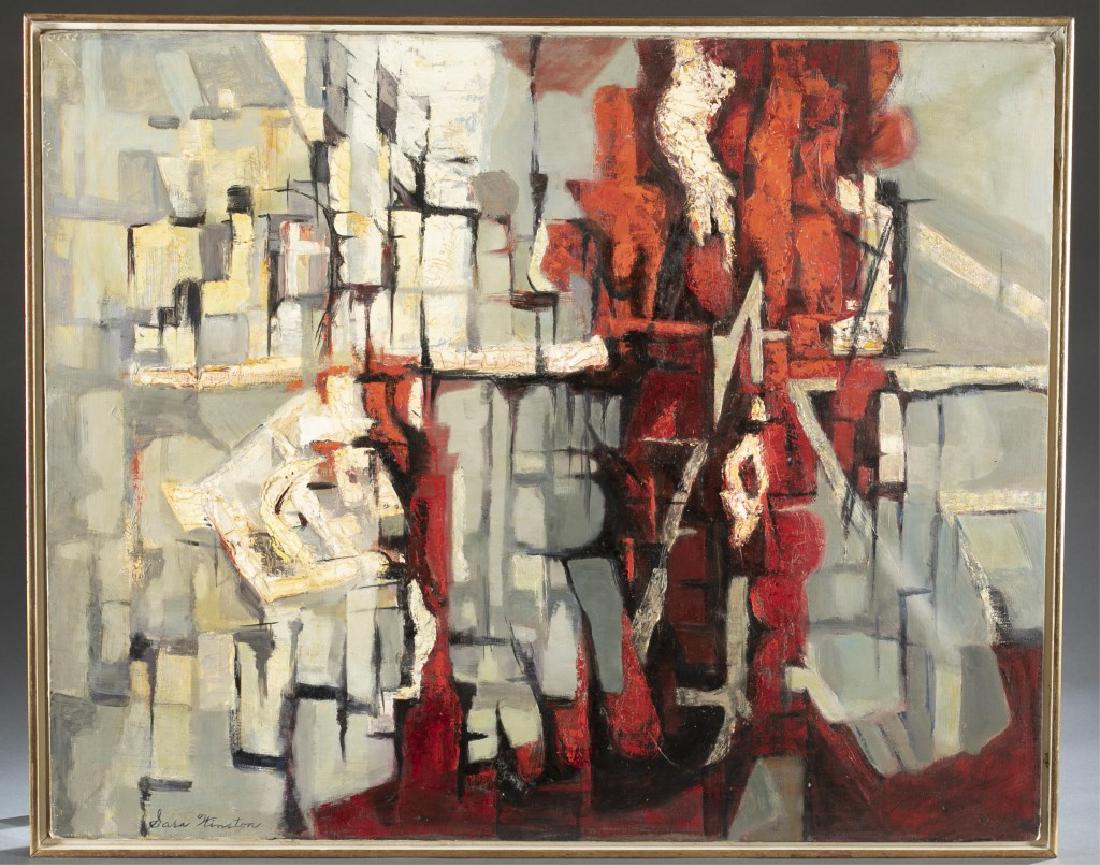 Sara Winston, Ancient Wall, 1963, O/C.: Winston, Sara. "Ancient Wall." An abstract representation of a wall depicted in grey, red, and white. 1963. Oil on canvas. Signed l.l. Signed, dated, and titled on verso. 24" x 30". Frame: 25" x 31"