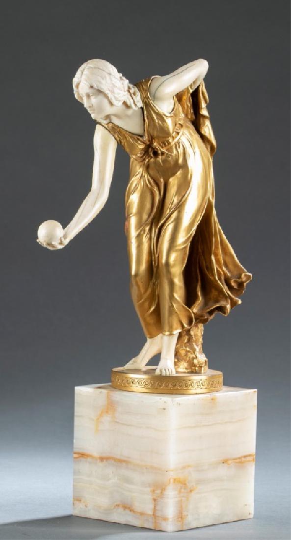 Walter Schott, Kugelspielerin, circa 1905.: Schott, Walter (German, 1861-1938). "Kugelspielerin." circa 1905. Gilt-bronze figure on onyx base. A girl playing with a ball. Signed on gilt base "Walter Schott fec." 14 1/4" x 8 1/2" x 4."