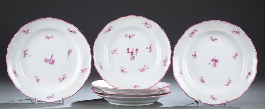 6 Meissen Pink Floral Dessert Plates, 19th c.: A group of six Meissen Pink Floral Dessert Plates. 19th century. Scalloped rim, pink flowers on a white ground. Factory seconds with two strikes through the mark. Mark blue crossed swords under glaze,