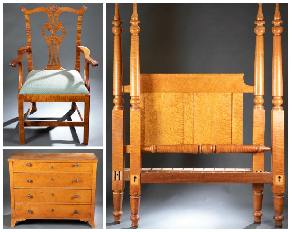3 Piece Maple Bed Set, 19th century.: A three-piece group of Tiger and Birdseye Maple Bed Set. 19th century. Includes Bed, Arm Chair, and Dresser. ++ Tiger and Birdseye Maple Four-Post Tester Bed. Rounded turned posts (with finials). Incl