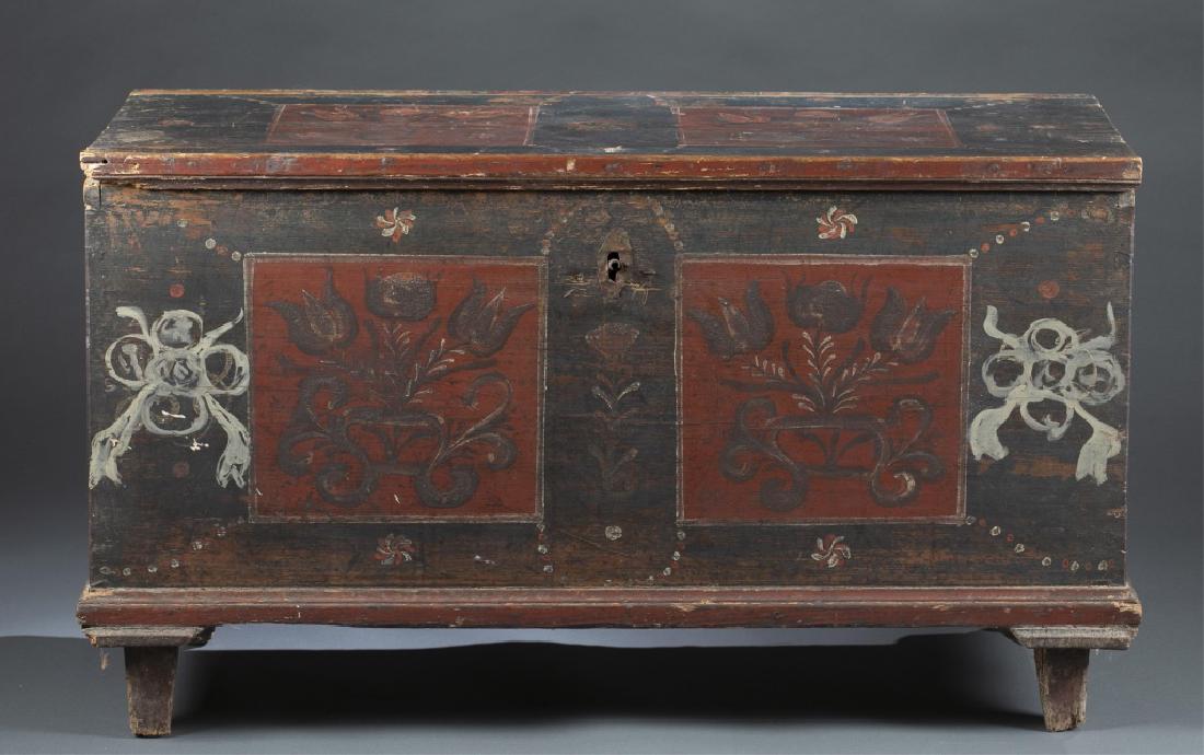 Painted Blanket Chest, 19th c.: A six board painted pine blanket chest. 19th century. Original hinges and lock (no key). Hand painted Pennsylvania Dutch style red, black, and white with floral and escutcheon decoration. 27" x 46 1/2