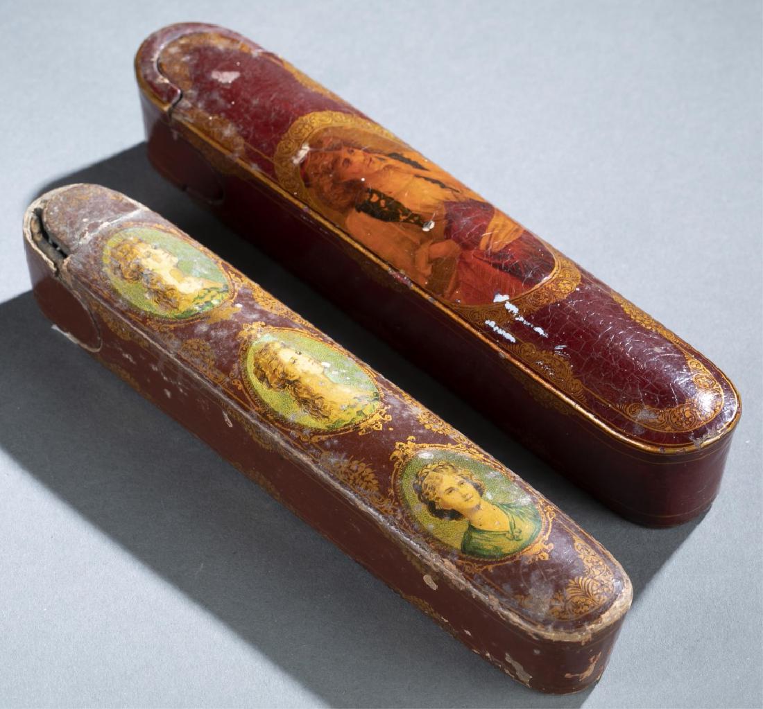 2 Lacquer Papier Mache, Pen Boxes w/ Inkwell.: A pair of two Lacquer Papier Mache Pen Boxes with Inkwell. ++ Lacquer Papier Mache Pen Box depicting portraits of three women. Metal inkwell inside box. 8 3/4" x 1 1/4." ++ Lacquer Papier Mache Pen Bo