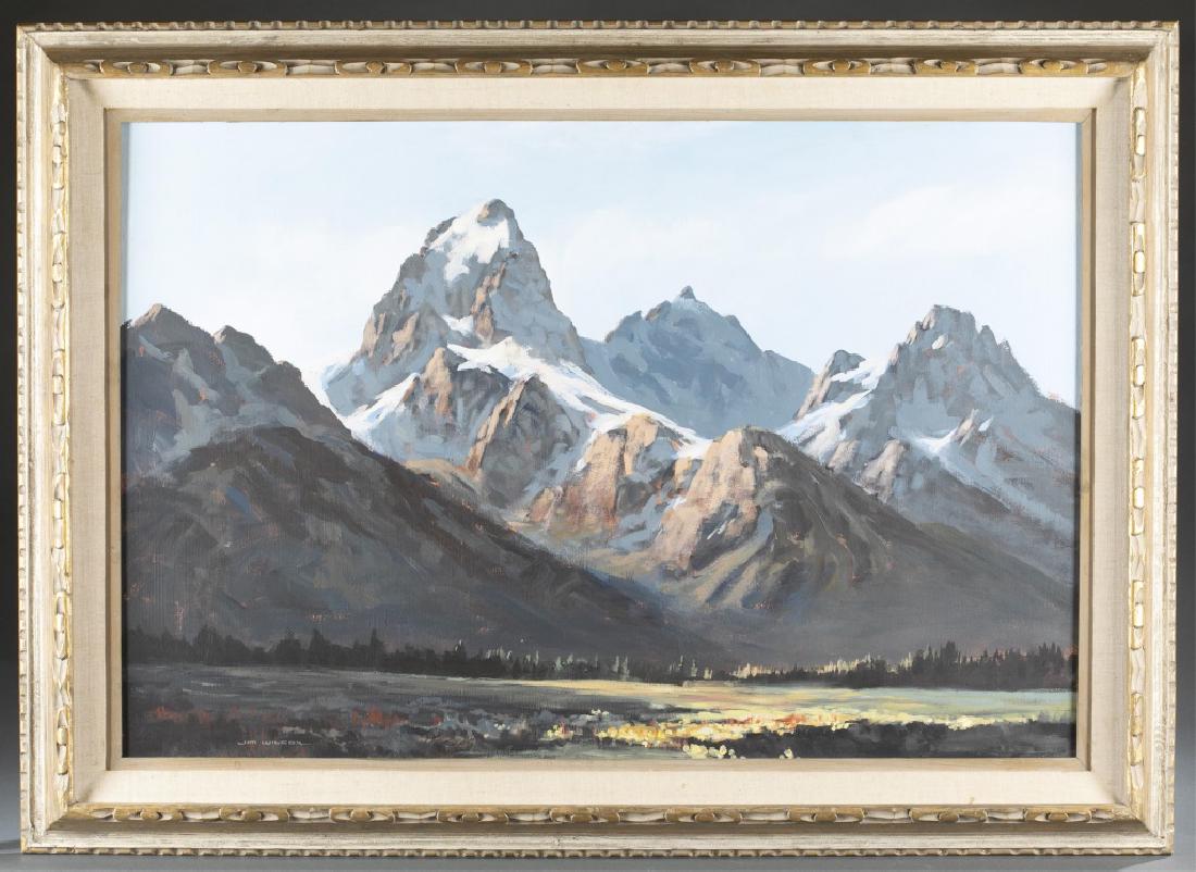 Jim Wilcox, mountain landscape, O/B.: Wilcox, Jim (American, b.1941). Mountain landscape of the Teton Range. 20th century. Oil on board. Signed l.l. With artist/ gallery card attached to the back. 23 3/4" x 35 3/4". Frame: 31 1/8" x 43".