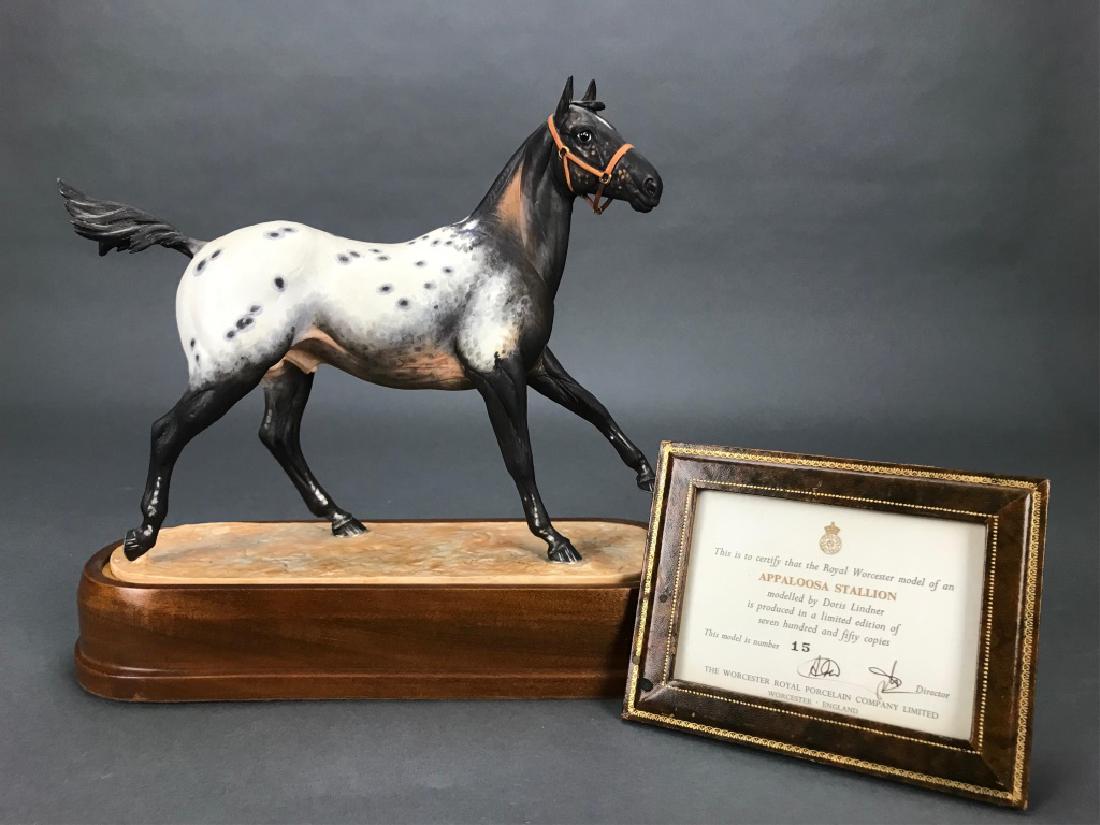 Royal Worcester, Appaloosa Stallion, 1969.: A Royal Worcester Appaloosa Stallion. Porcelain equestrian figure. 1969. Mark on bottom "Appaloosa Stallion modeled by Doris Lindner 1969 Royal Worcester." 9 1/2" x 10" x 3".