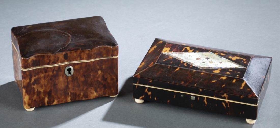 2 Tortoise Shell Tea Caddy & Box.: A group of two Tortoise Shell Tea Caddy and Box. 19th/20th century. ++ Tortoise shell tea caddy, with velvet lined lid. ++ Tortoise shell box with mother of pearl inlay case, and velvet lined interior