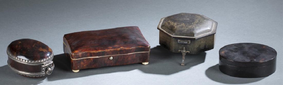 4 Tortoise Shell Boxes, 19th century.: A group of four Tortoise Shell Boxes. circa 19th century. ++ Rectangular, curvilinear edges, Tortoise Shell box. Faded velvet lined interior. 2" x 5 1/4" x 3 1/2." ++ Octagonal Tortoise Shell box. Thr