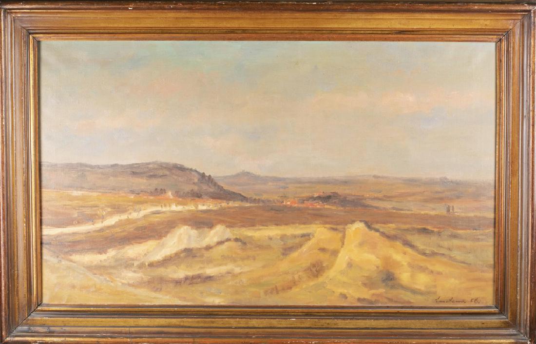 Jan Smetana, Easter Morning, 1956, O/C.: Smetana, Jan (Czech, 1918-1998). "Easter Morning." 1956. Oil on canvas. Signed and dated l.r. 27 1/2" x 47 1/2". Frame: 36" x 56".