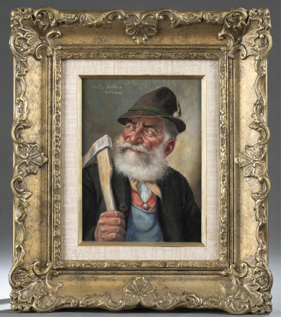 Fritz Muller, portrait of a man, O/B.: Muller, Fritz (German, 1913-1972). Portrait of a bearded man carrying axe. 20th century. Oil on board. Signed u.l. With partial gallery label on the back. 9 3/8" x 7 1/8". Frame: 16 1/4" x 14 1/4".