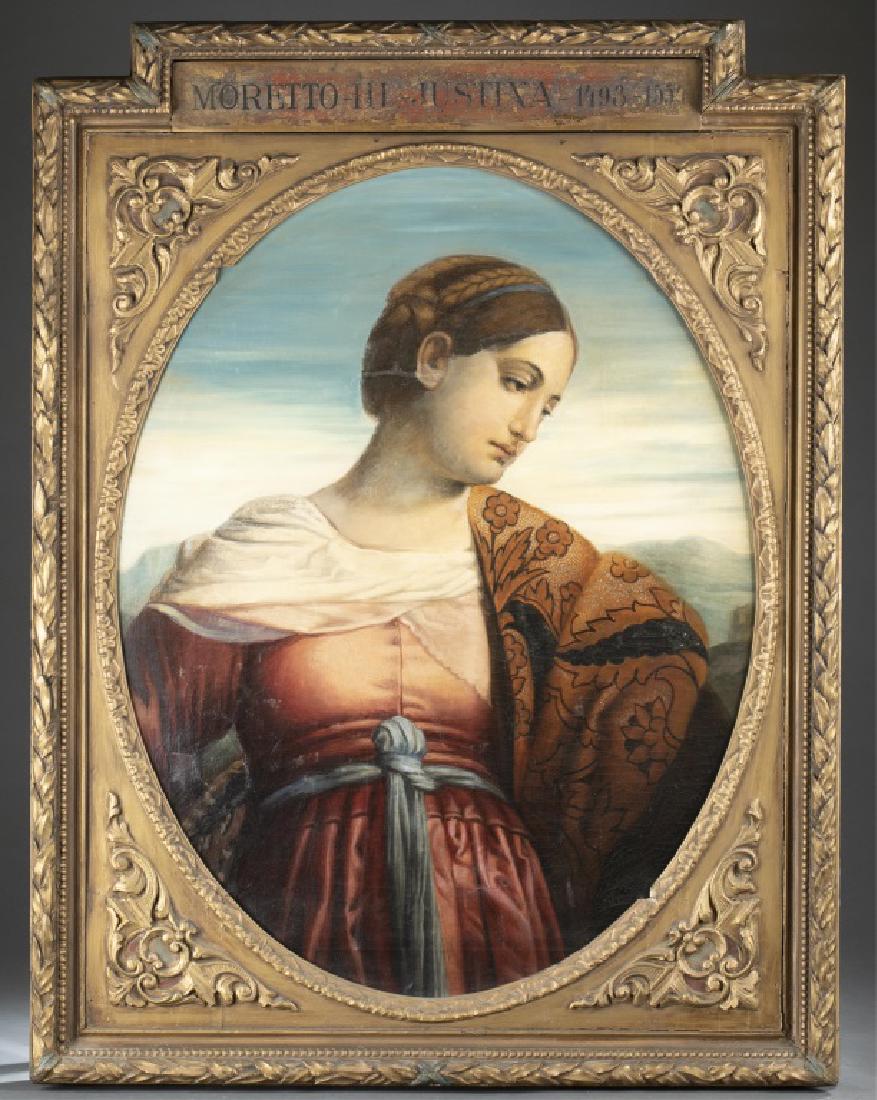 Maria Schoffman, St. Justinia, 1911, O/C.: Schoffman, Maria (Austrian, 1859-1941). A portrait of St. Justinia in the style of Moretto. Original Painting on display in the Kunsthistorisches Museum, Vienna. Old repair work on lower left.1911. Oi