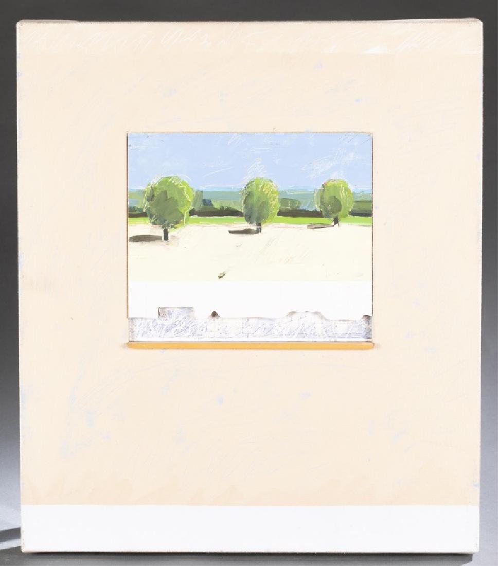 Peik Larson, Nicolo III, 1982, Mixed Media: Larson, Peik (20th century). "Nicolo III." Three trees with a background of blue sky surrounded by painted canvas. 1982. Mixed Media. Signed, dated, and titled on verso. 22 1/2" x 19 1/2".