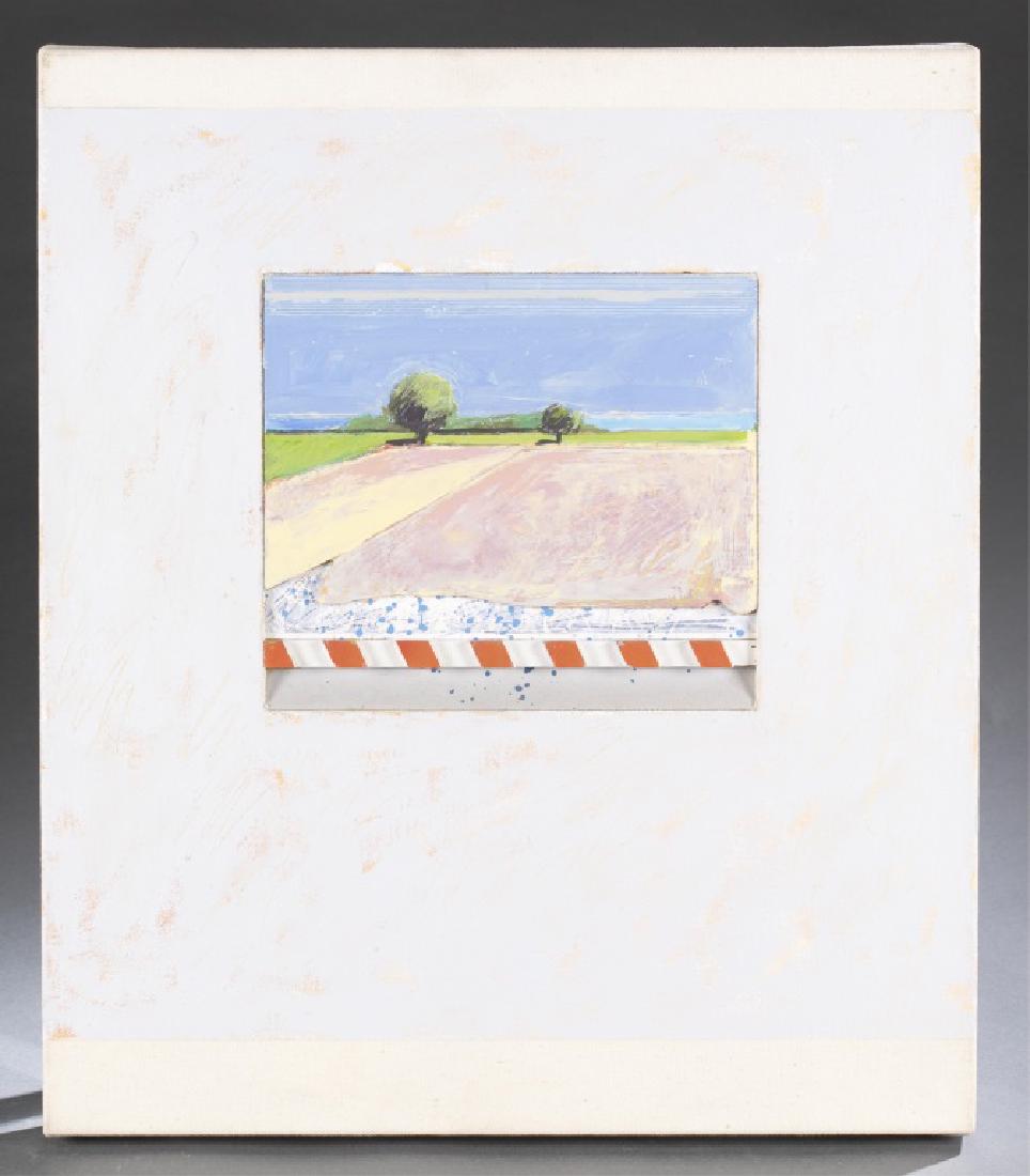 Peik Larson, Nicolo II, 1982, Mixed Media.: Larson, Peik (20th century). "Nicolo II." Landscape with two trees in front of a cloudless blue sky surrounded by painted canvas. 1982. Mixed Media. Signed, dated, and titled on verso. 22 1/2" x 19 1/