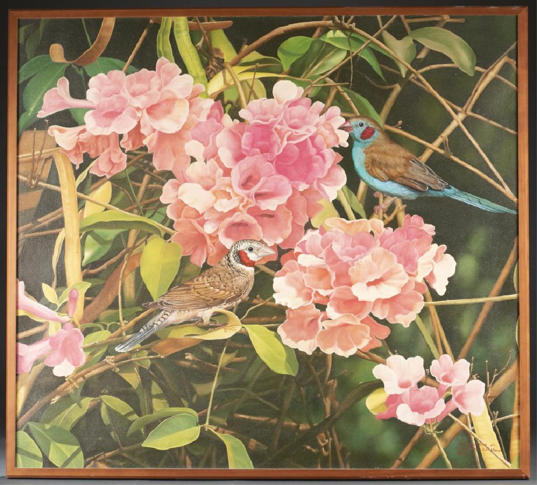 Jwy Suasta, Bird with flowers, 2007, A/C.: Jwy Suasta (Balinese, 20th/ 21st c.). Untitled painting depicting two birds perched on a flowering bush. 2007. Acrylic on Canvas. Signed "Jwy Suasta. 07. Kutuh Kelod, Ublid. Bali." l.r. 35" x 39" Fram