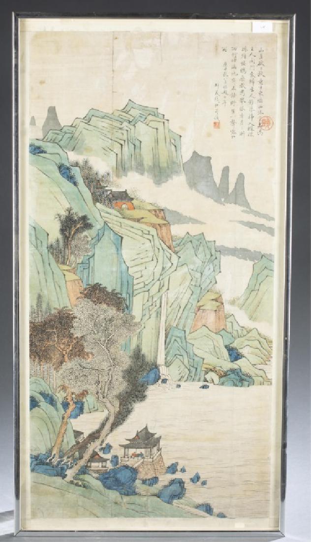 Small Chinese painting by Qian Du.: A small Chinese painting with frame. Qian, Du (Qing dynasty, 1763/64-1844/45). In the manner of Zhao Danian, Song dynasty. Dated 1800 (Geng Shen). Green landscape scene. Depicting pavilions near river