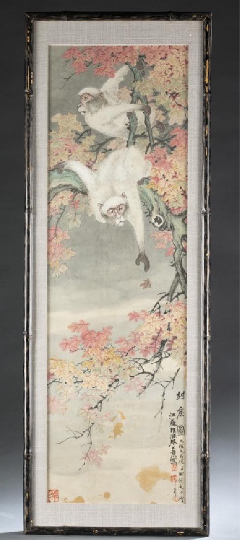 Chinese painting of monkey, Zhu Wenhou.: A Chinese painting of monkey, mounted and framed. Zhu, Wenhou (Chinese, 1895-1961). Color and ink on paper. Titled: Feng Hou Tu. Depicting two monkeys over maple tree branches. Inscriptions l.r. Paint