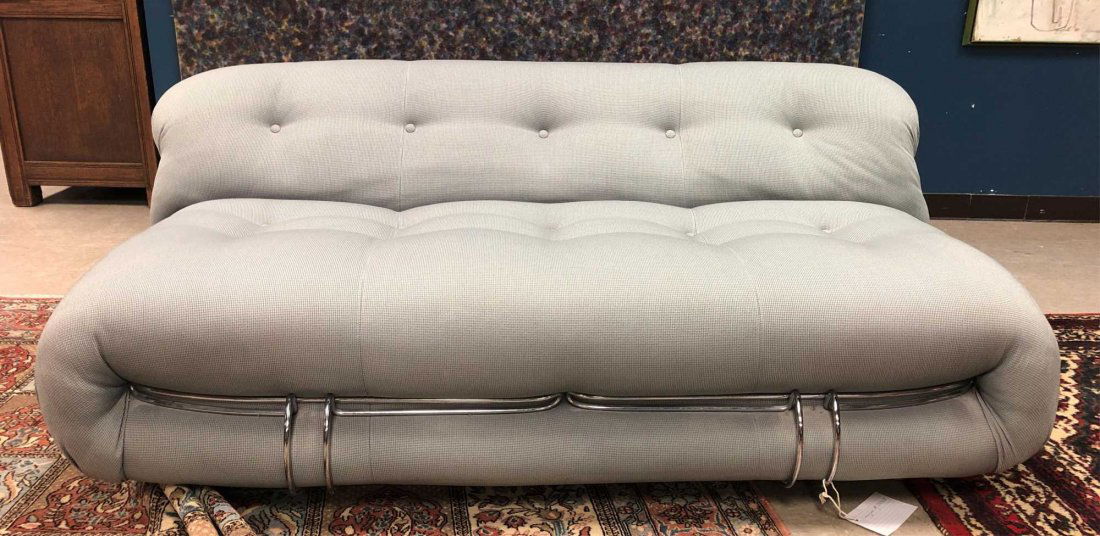 Pair of Cassina sofas.: A pair of Cassina sofas. Afra and Tobia Scarpa for Cassina. Italy. 2nd half of 20th century. Chrome frame. Gray-blue waffle weave upholstery. 25 1/2" x 62" x 34 1/2".