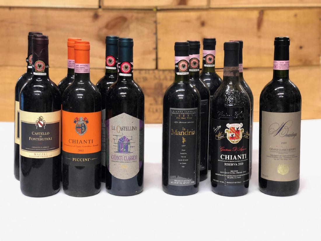Case Lot of Mixed Chianti, 1997 - 2003: Chianti Classico; 1997 Castello Di Fonterutoli (2), 2003 Piccini (2), 2000 La Castellina (2); Chianti Riserva; 1997 La Mandria (3), 2000 Gaetano D'Aquino (2), 1988 Beradenga Rancia**** Wine lots will 