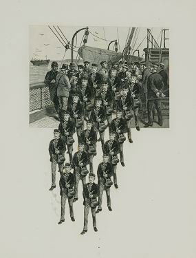 John Digby: 4 collages, each pencil signed.: Digby, John. 5 Collages. ++ Statue of Liberty Casket. Unmoved seated audience as charging elephant knocks the Statue of Liberty across the stage. 10 7/8 x 17 5/8 in. ++ Tiger Hunting. Picture frame th