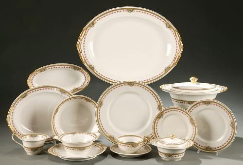 Bernardaud Limoges dinner service for 12: 93-piece porcelain dinner service for twelve by L. Bernardaud & Co., Limoges, France. c.1940. Comprising: 12 dinner plates (9 3/4''dia), 12 salad plates (7 1/2''dia), 12 bread plates (6 1/4''dia), 12