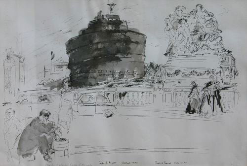 Frederick Franck. 3 drawings. Italy.: Franck, Frederick S. (Am.1909-2006). Group of three works. (1) Chestnut Vendor. 1965. Pen and ink on paper. Sight: 12 1/2 x 18 1/2 in. Sight condition, very good. (2) Pope Paul VI in St. Peter's. 1963